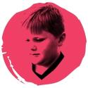 young boy looking down with pink pain decal overlay
